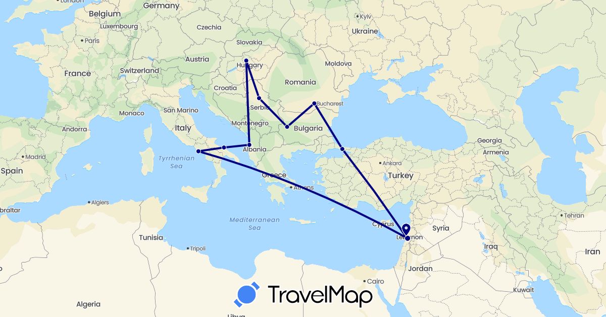 TravelMap itinerary: driving in Albania, Bulgaria, Hungary, Italy, Lebanon, Romania, Serbia, Turkey (Asia, Europe)